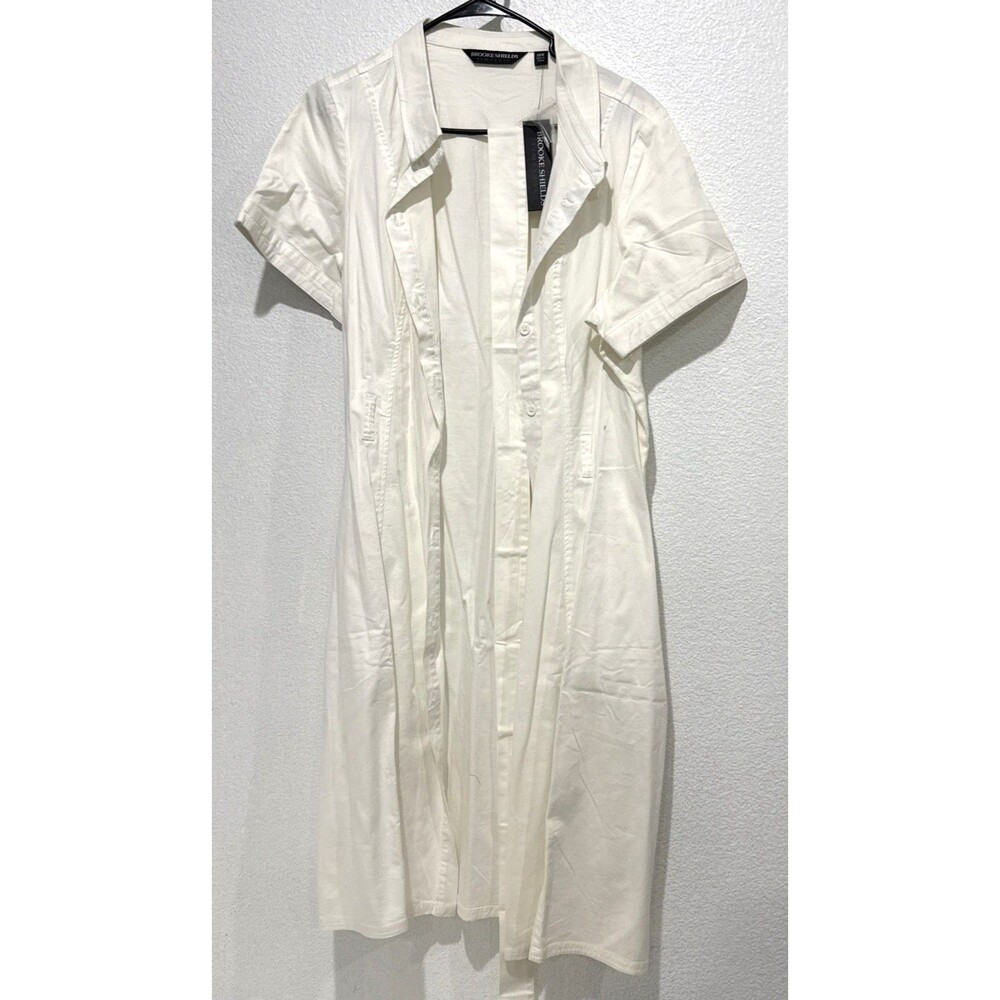 Brooke Shields Timeless White Button Shirt Dress Tie Waist Stretch Womens 18W